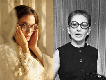 MARIA, Angelina Jolie, as Maria Callas, 2024, Outtake; Opera singer Maria Calls with her coat over her arm wearing a button-up shirt-dress with boots and tinted glasses in 1970..Article title: "Callas on Callas".