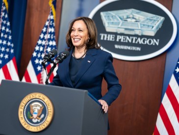 Vice President Kamala Harris speaking at a Pentagon conference. On Feb. 10, 2021. She joined President Biden on his first visit to the Defense Department to establish strategic policy on relations with China  (BSLOC_2021_4_25)